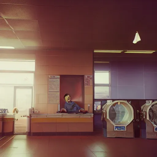 Image similar to a beautiful photo of an astronaut waiting in a laundromat, 1970', soft light, morning light, photorealistic, realistic, octane, 8k, cinematic shot