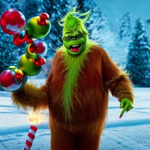 Image similar to john goodman as the grinch in the movie the grinch, still from movie, cinematic, 4 k, octane render,
