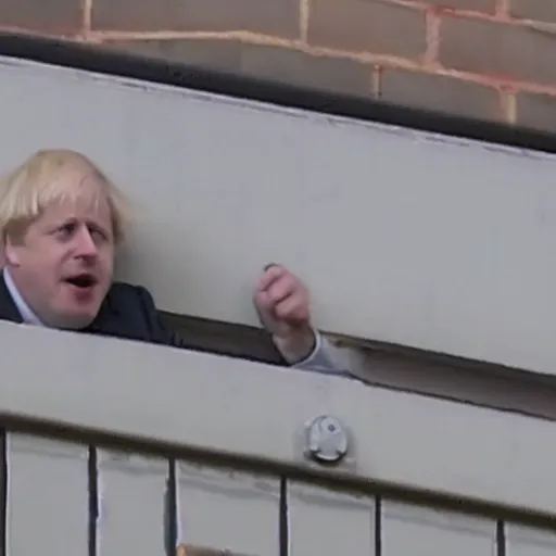 Image similar to Birds eye view security camera footage of Boris johnson breaking out of Prison