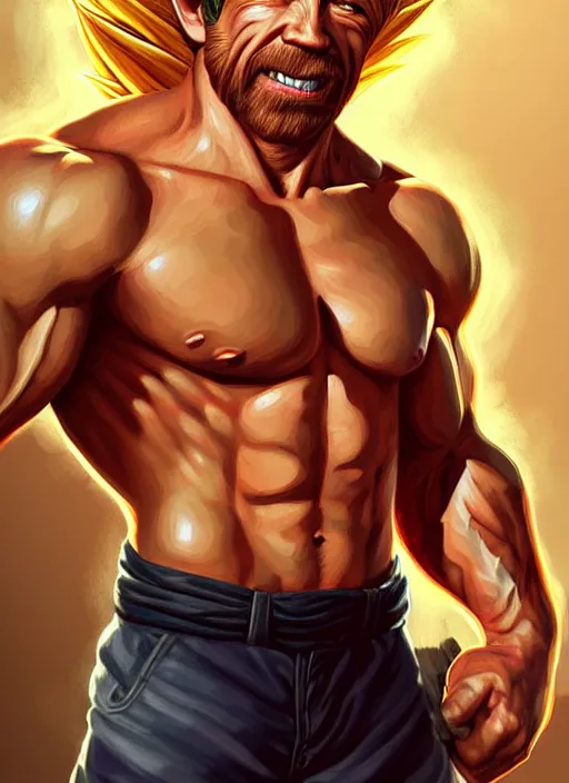 Image similar to portrait of aggressive chuck norris going super saiyan, d & d, muscular! storm! fantasy, intricate, elegant, highly detailed, digital painting, artstation, concept art, smooth, sharp focus, illustration, art by artgerm and greg rutkowski and alphonse mucha