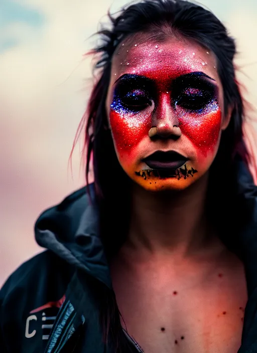 Image similar to Cinestill 50d photograph of a city on fire, a techwear mixed woman wearing thick mascara and dark glitter makeup crying outside of a city on fire, tattoos, tilted frame, 4k, 8k, hd, full color