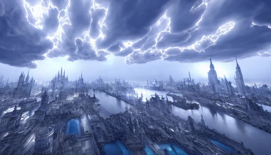 Prompt: Angelic Floating City in the Clouds, Hyperrealistic, Intricate Details, Raytracing, Volumetric Lighting, Lightshafts, Blue and White Color Palette, Unreal Engine 5, Photorealism