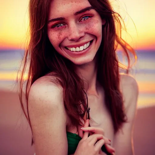 Image similar to portrait of a cute thin young woman, bronze brown hair, eye color is emerald green, red blush, cute freckles, smug smile, modern clothes, relaxing on the beach, golden hour, close up shot, 8 k, art by irakli nadar, hyperrealism, hyperdetailed, ultra realistic