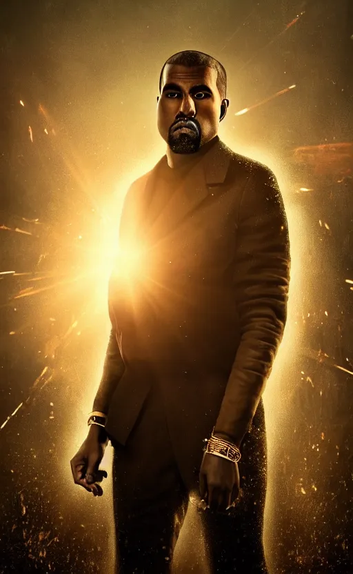 Image similar to Portrait of Kanye West as James Bond in Fallout New Vegas, splash art, movie still, cinematic lighting, dramatic, octane render, long lens, shallow depth of field, bokeh, anamorphic lens flare, 8k, hyper detailed, 35mm film grain