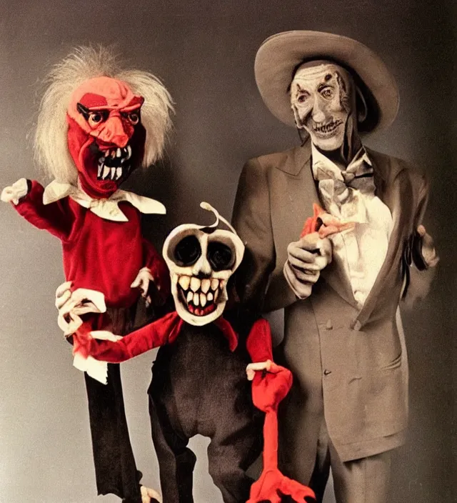 Image similar to hyper realistic old 1 9 8 0 photography of lunatic mad ventriloquist occultist old man with terrific haunted devil puppet