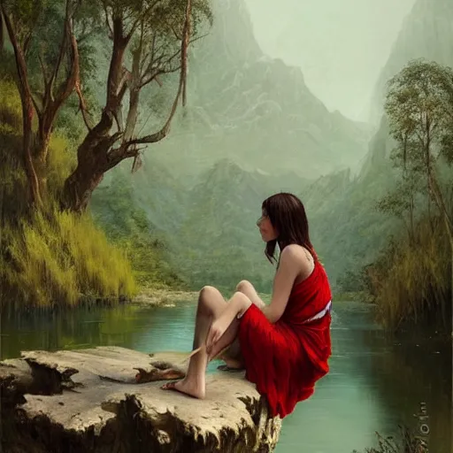 Prompt: Young Harpy-Girl, red feathered wings, wearing Inka clothes, sad expression, sitting at a pond, mountainous area, trees in the background, oil painting, by Greg Rutkowski