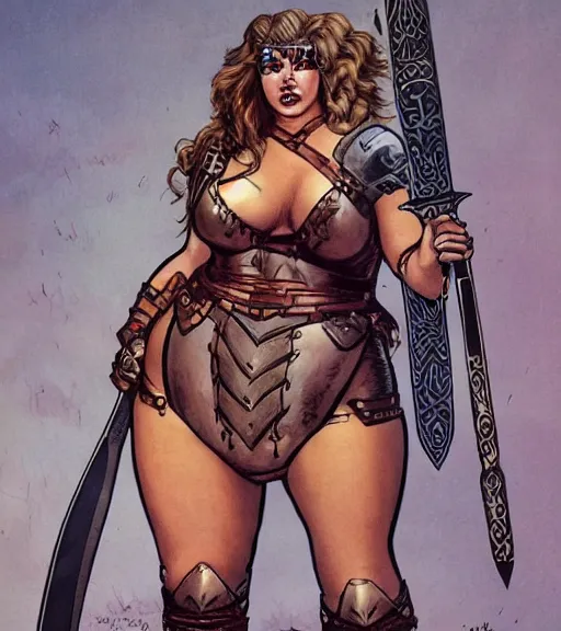Image similar to 1 9 8 0 s fantasy novel book cover, bbw plus size amazonian peyton list in extremely tight bikini armor wielding a cartoonishly large sword, exaggerated body features, dark and smoky background, low quality print