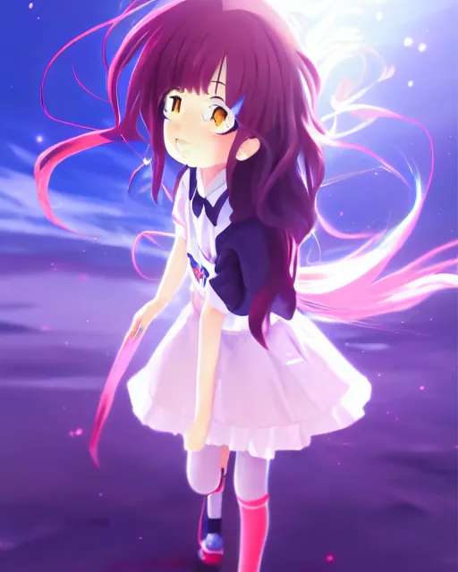 Image similar to anime style, vivid, expressive, full body, 4 k, painting, a cute magical girl with a long wavy black hair wearing a school uniform, stunning, realistic light and shadow effects, centered, simple background, studio ghibly makoto shinkai yuji yamaguchi