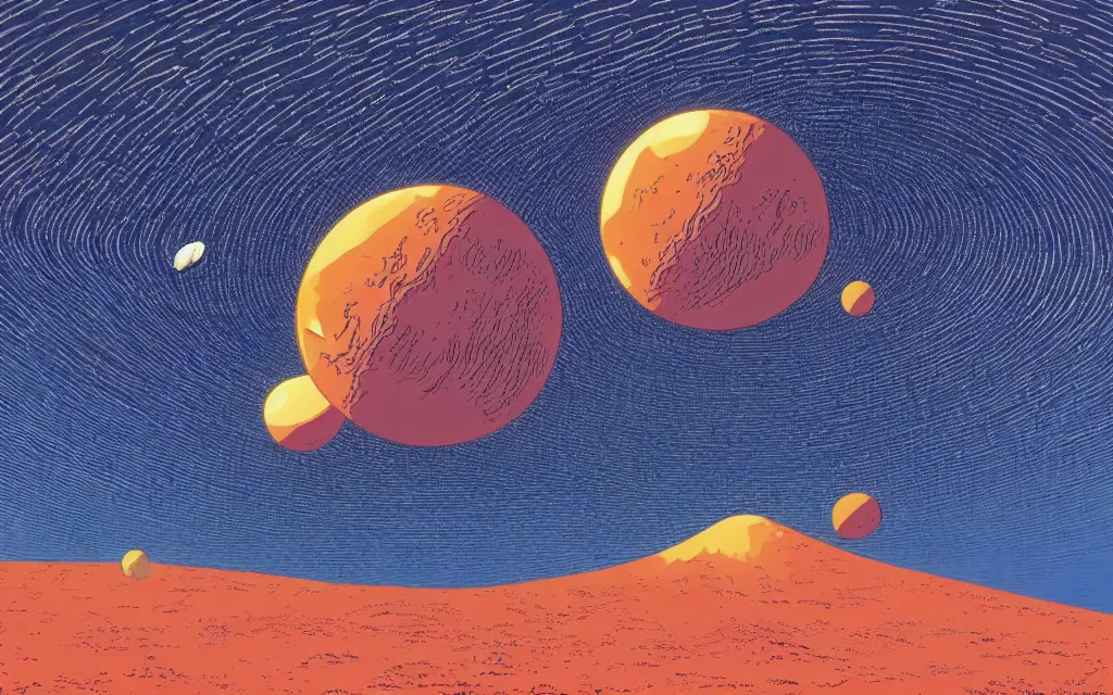 Image similar to planet earth seen from very very far away with the empty cosmic landscape on the background. Retro modern art by jean giraud.
