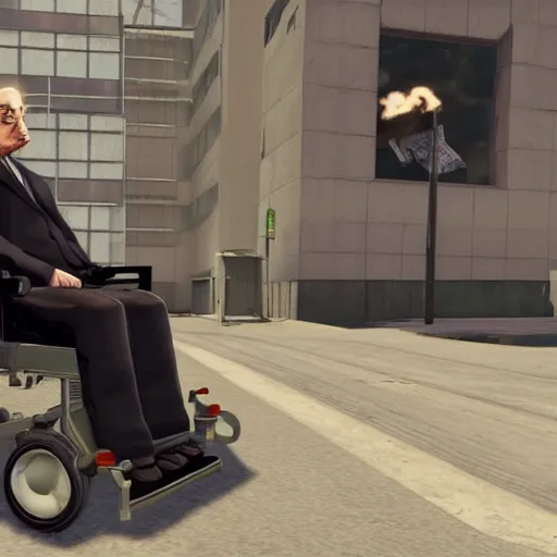 Prompt: Stephen Hawking in GTA 5, cover art by Stephen Bliss, boxart, loading screen