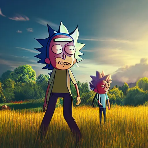 Prompt: realistic portrait of rick sanchez, rick and morty, walking in a field. france, dordogne, hills, ultra high, face to camera, detail, 8 k, sunset, flowers, trees, river, octane render.