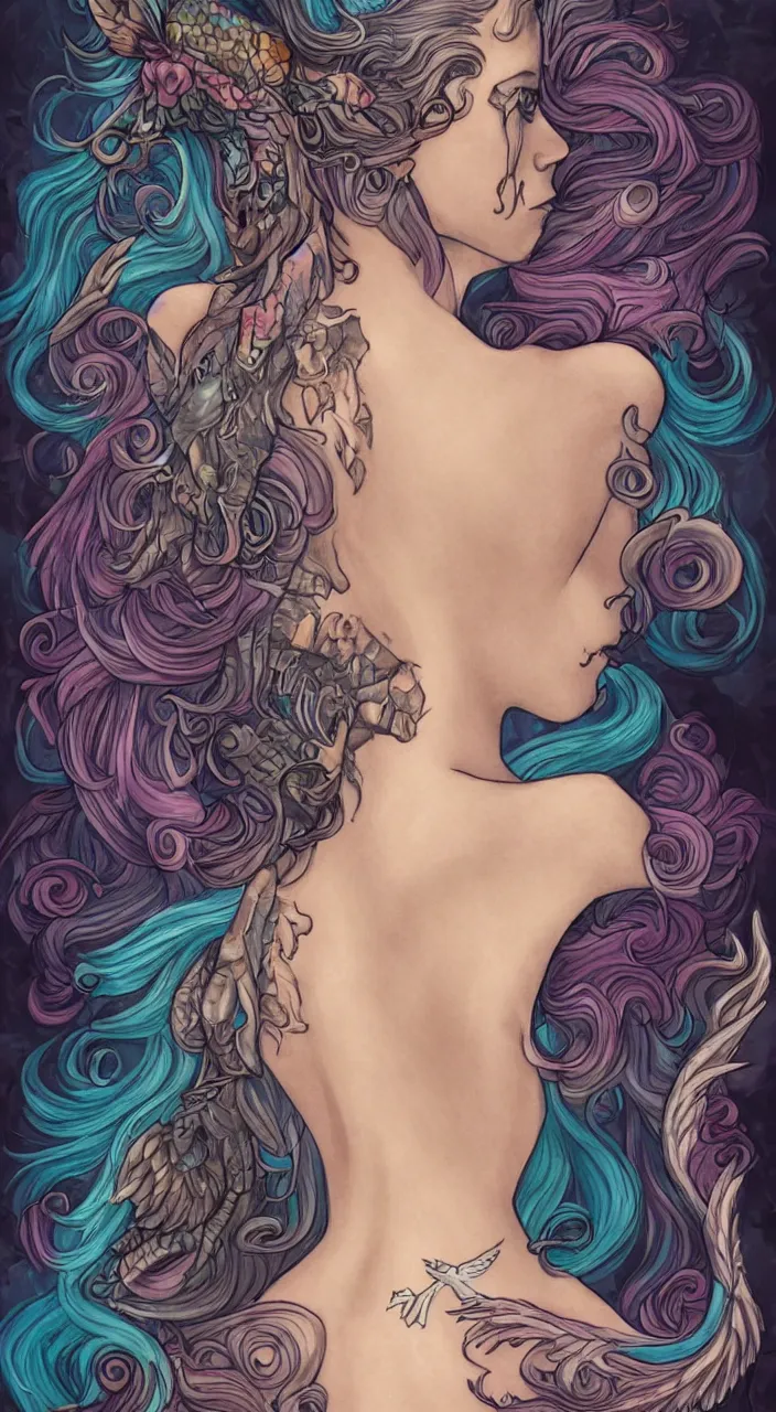 Image similar to beautiful woman looking over her shoulder, tattoo of unicorn mermaid and phoenix on her back, curly pixie hair, detailed, digital painting