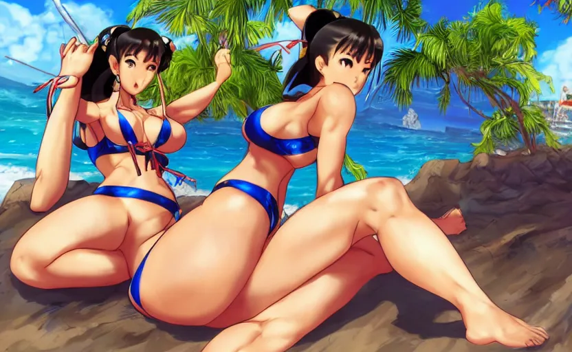 Prompt: chun li enjoying her holiday, wearing a bikini on the beach, sun dappled, pixiv, anime, digital art, kazushi hagiwara, doax, tomonobu itagaki