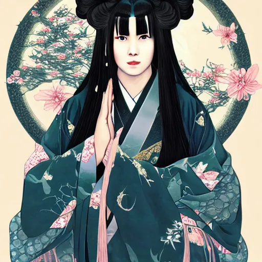 Image similar to portrait of the japanese moon princess kaguya hime with long flowing black hair wearing an ornate kimono with intricate floral patterns, touhou character illustration by ross tran, bo chen, toni infante, rebecca oborn, michael whelan, trending on artstation cgsociety hq