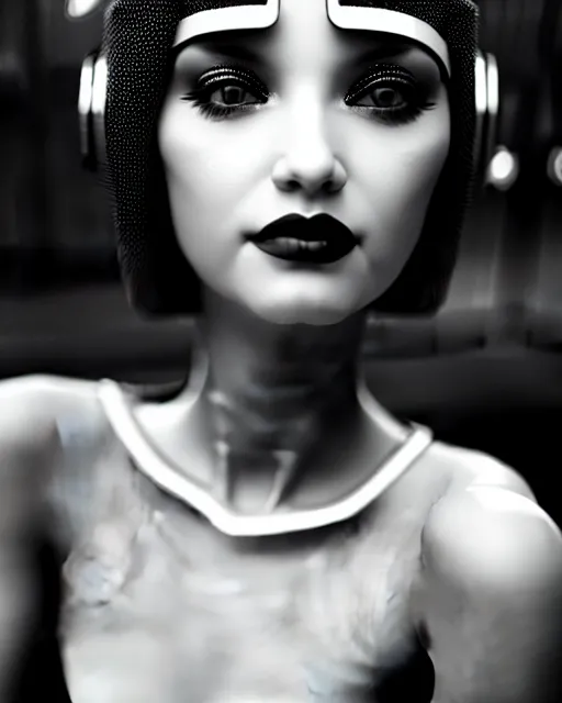 Image similar to black and white dreamy young beautiful female artificial intelligence, metropolis, cinematic, rim light, bokeh, photo - realistic, elegant, high detail, 8 k, masterpiece, photo taken in 1 9 3 0