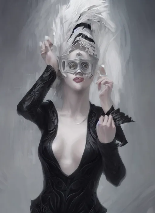 Prompt: a highly detailed illustration of white haired pale lady wearing black blindfold, dramatic standing pose, intricate, elegant, highly detailed, centered, digital painting, artstation, concept art, smooth, sharp focus, league of legends concept art, wlop