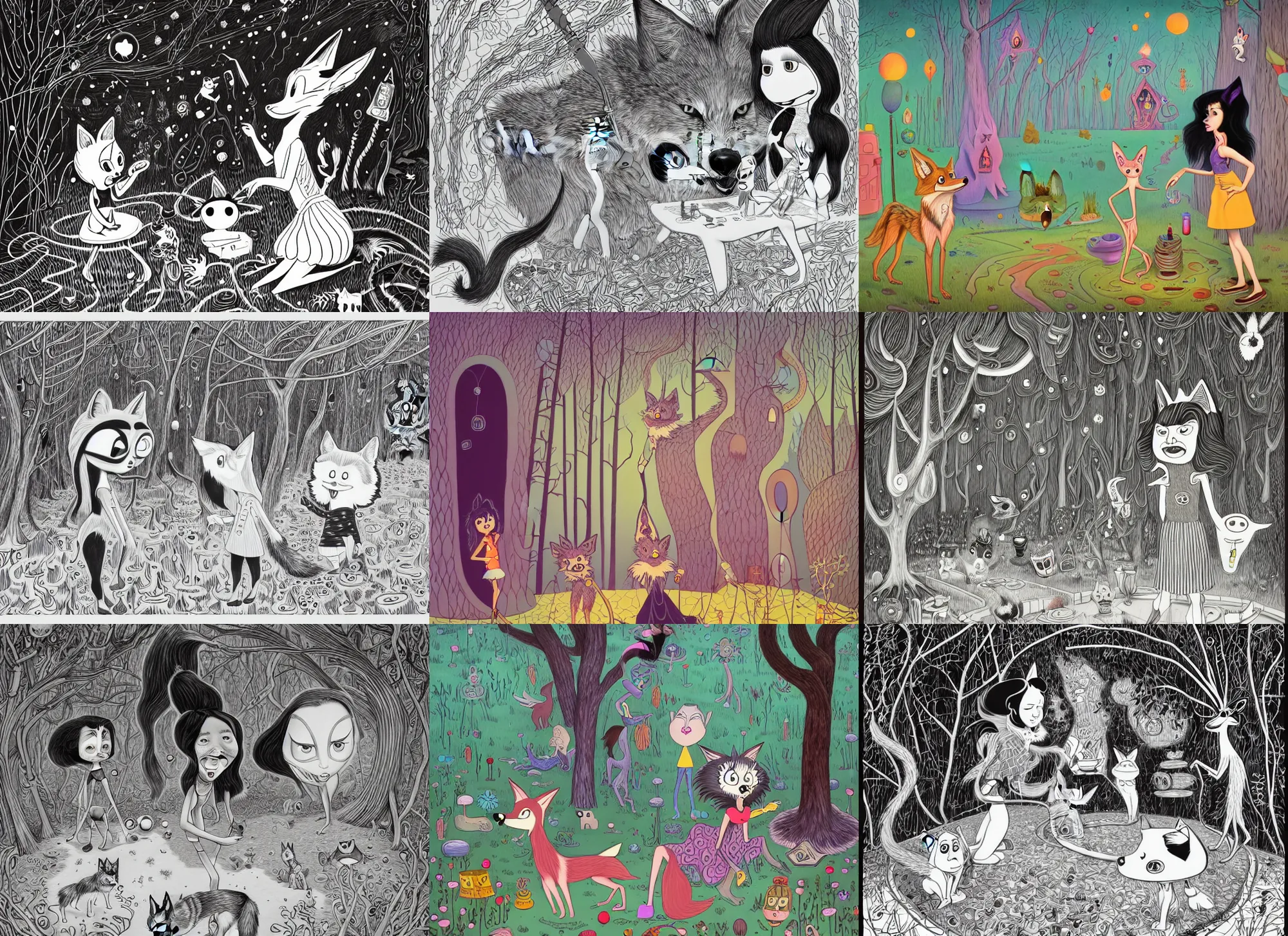 Prompt: a single magical coyote that crossed from another quantum dimension surprises a black haired girl while in her backyard. jon macnair, gary baseman, line drawing, carles dalmau, pedro correa, minna sundberg, xiaofan zhang, artstation, intricate and highly detailed, nettie wakefield, monica langlois