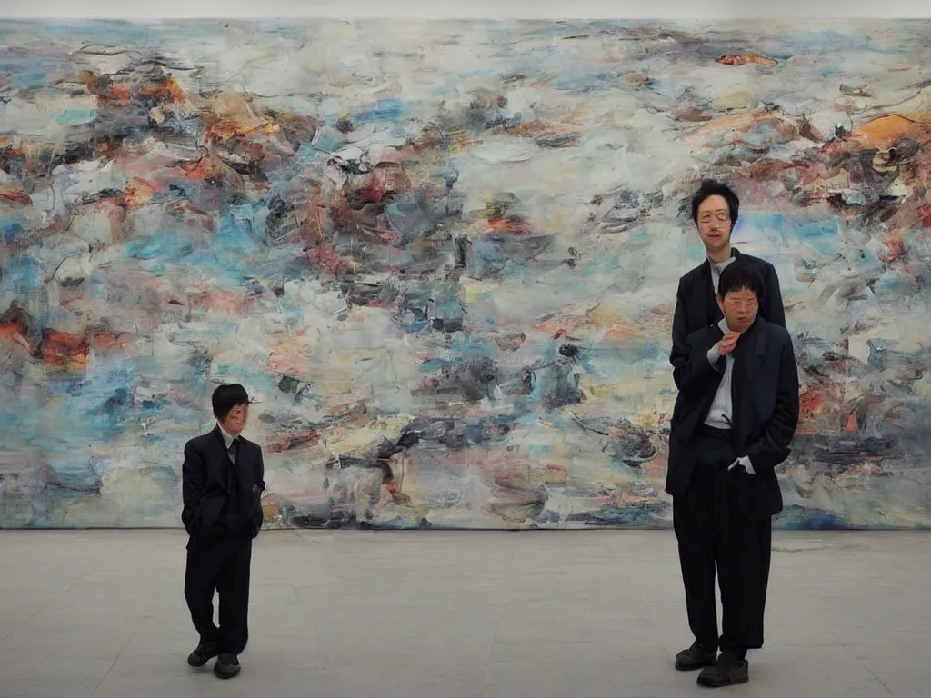 Prompt: ‘The Center of the World’ (office worker at an art gallery, standing in front of a Liu Xiaodong landscape oil painting, large thick messy colorful brushstrokes) was filmed in Beijing in April 2013 depicting a white collar office worker. A man in his early thirties – the first single-child-generation in China. Representing a new image of an idealized urban successful booming China.