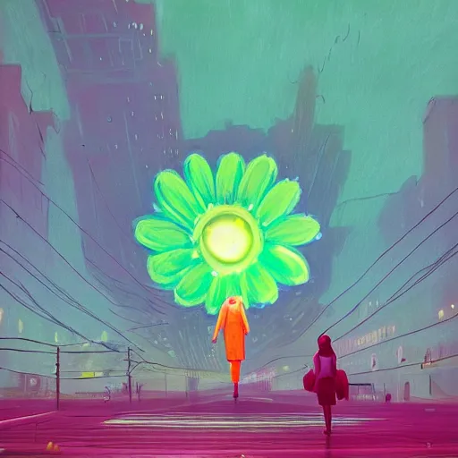 Image similar to giant daisy flower head, woman walking in a modern city with neon, surreal photography, night, dark, stars, impressionist painting, digital painting, artstation, simon stalenhag