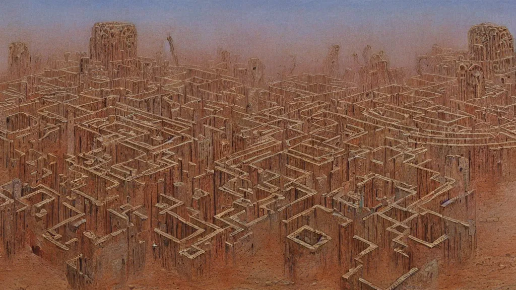 Image similar to atmospheric ancient ruins of a giant maze in the desert by beksinski and peter gric and bruce pennington