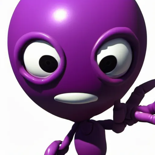 Image similar to photo of a comically tiny clay model of character with large spherical purple head and large childlike eyes with comically tiny body and spindly limbs leans close to the camera, fish eye lens, 4 k, hyper realistic, hyper detailed face, octane render, comedic, cute