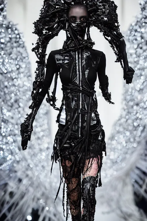 Image similar to beautiful avant garde fashion look and clothes, we can see them from feet to head, highly detailed and intricate, hypermaximalist, techwear, luxury, elite, cinematic, designer fashion, Rick Owens, Yohji Yamamoto, Y3, ACRNYM, outfit photo, eerie fog, super villain lair interior background