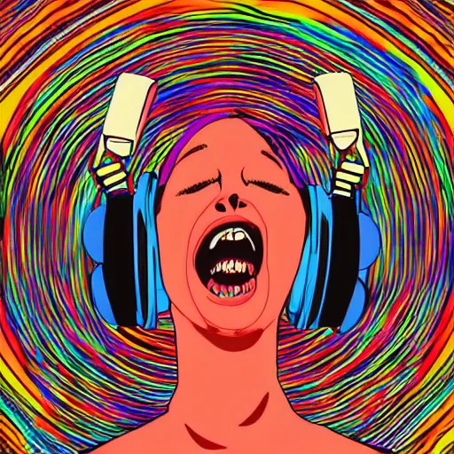 Image similar to artgerm, psychedelic laughing ghost - boo, rocking out, headphones dj rave, digital artwork, r. crumb, svg vector