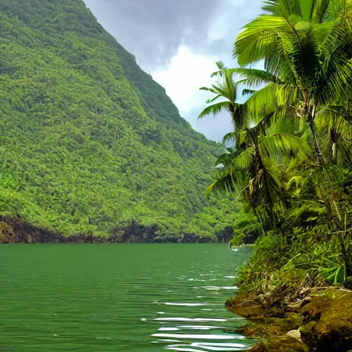 Image similar to a fjord in a tropical jungle.