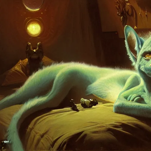 Image similar to a portrait of a furry alien in bed. highly detailed painting by gaston bussiere, craig mullins, j. c. leyendecker, furry