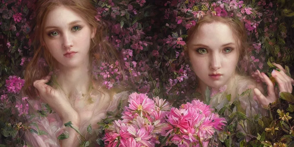 Image similar to breathtaking detailed weird concept art painting of the goddess of light pink flowers, orthodox saint, with anxious, piercing eyes, ornate background, amalgamation of leaves and flowers, by volegov, extremely moody lighting, 8K