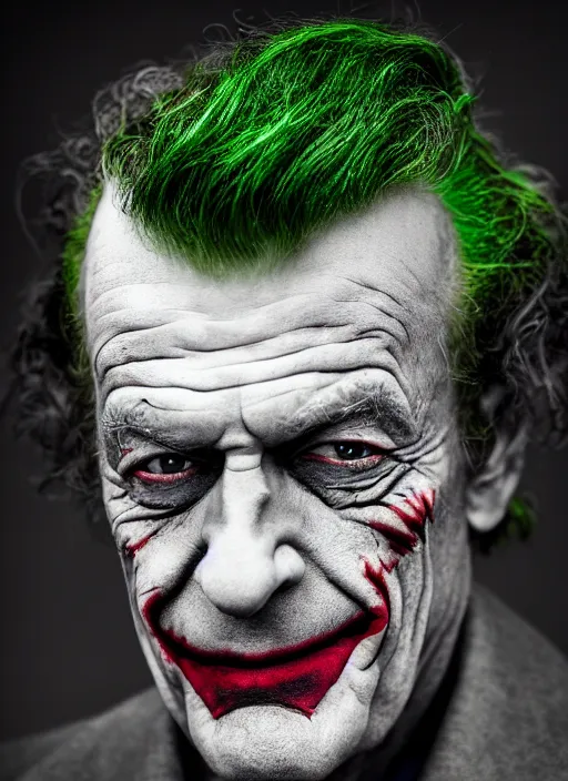 Prompt: photo of John Noble as the Joker with green hair by Lee Jeffries, head shot, detailed, award winning, Sony a7R