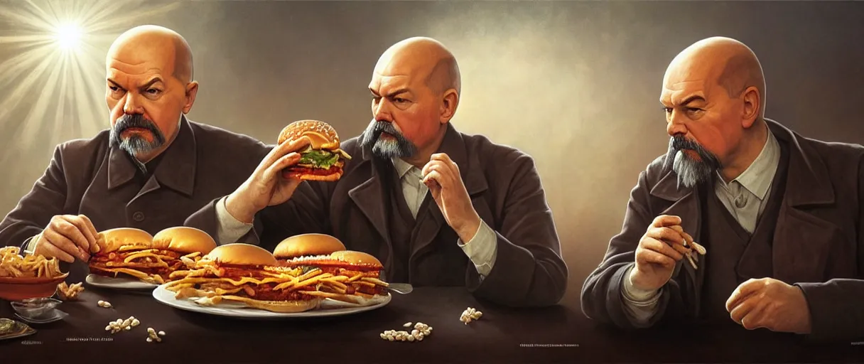 Image similar to portrait of lenin and stalin eating hamburgers, extra onions and ketchup, luscious patty with sesame seeds, ethereal, holy sacred light rays, handsome, D&D, fantasy, intricate, elegant, highly detailed, digital painting, artstation, concept art, matte, sharp focus, illustration, art by Artgerm and Greg Rutkowski and Alphonse Mucha