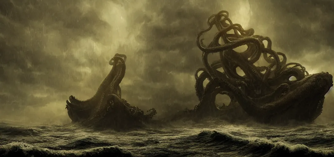 Image similar to one single ship gets eaten by giant kraken, tentacle, rainy night, dramatic lighting, cinematic, establishing shot, extremly high detail, foto realistic, cinematic lighting, post processed, concept art, artstation, matte painting