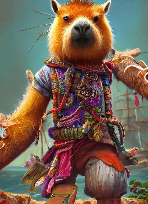 Image similar to detailed full body concept art illustration colorful oil painting of an anthropomorphic capybara pirate in full intricate colorful clothing, ultra detailed, digital art, octane render, 4K, dystopian, biomutant, micro details, hyperrealistic