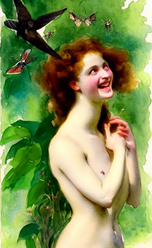 Image similar to the face of a young woman with marble complexion, angelic features, dancing curls around her face, her head raised in rapture, laughing, symmetrical eyes, watercolor by john singer sargent, background lush vegetation, insects and birds, 8 k uhd