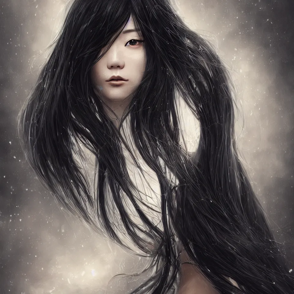 Prompt: a beautiful detailed photography illustration of an attractive japanese female with long black hair covering part of her face, centered, glamour portrait from the waist up, by karol bak and beeple, trending on artstation and deviantart and behance, extreme detailing, dim dusk lighting, cinematic lighting, detailed lighting, volumetric lighting, realistic, f 8, 4 k hd wallpaper