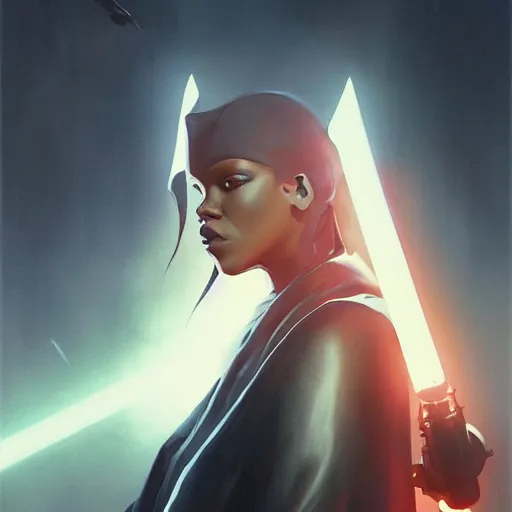 Image similar to star wars sith lord empire Rihanna profile picture by Greg Rutkowski, dynamic pose, intricate details, futuristic, volumetric lights, streetwear, studio ghibli, Organic Painting , Matte Painting, geometric shapes, hard edges, trending on the artstation, fantasy LUT, realistic by Sachin Teng + Martin Grip + Moebius + Patrick Gleason, smooth, sharp focus, techwear, Industrial Scifi, detailed illustration, character portrait,-C 8.5