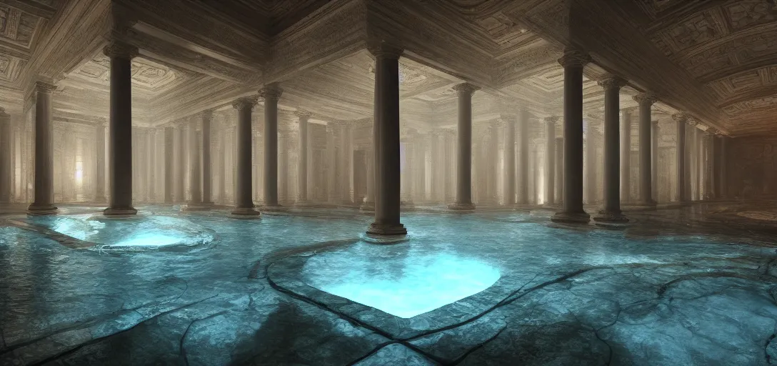 Prompt: dramatic photo of underground roman interior, ambient occlusion, glowing pool of water with realistic light refraction, caustics, making the pillars glow, ancient marble statues, raytracing, unreal engine, dramatic lighting, detailed,, global illumination, god rays, 3 d artstation by greg rutowski and jessica rossier