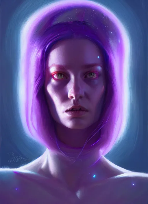 Prompt: portrait of trippy alien girl, purple long hair, jock, beefy, wide face, square jaw, square facial structure, intricate, elegant, glowing lights, highly detailed, digital painting, artstation, concept art, sharp focus, illustration, art by wlop, mars ravelo and greg rutkowski