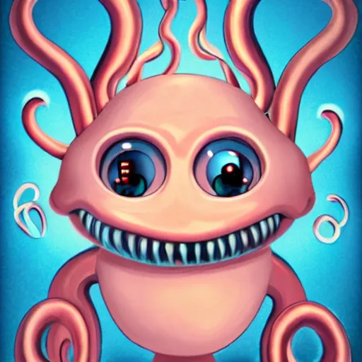 Image similar to character design of an adorable baby faced alien portrait with tentacles on the sides of it's mouth, blue, tiny horns