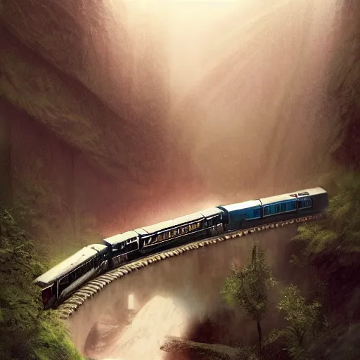 Image similar to a train moving at high speed heading into the tunnel of a tall mountain surrounded by forest on a rainy day at dusk, people are fighting on top of the train, concept art, digital art, matte painting, artstation, art by artgerm and greg rutkowski and alphonse mucha, highly detailed, intricate, octane render, 8 k, unreal engine