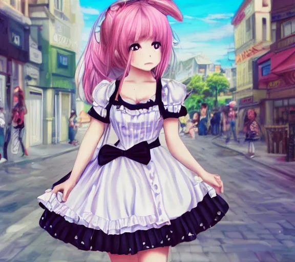 Prompt: a cute girl wearing a lolita dress, she is walking in a busy street, anime art, hd, smooth