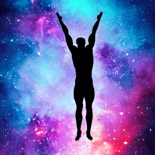 Prompt: athletic man doing a pullup using gymnastic rings, silhouette, long shot, in a cosmic nebula background, matte colors, very very very dramatic, inspiring digital art trending on artstation