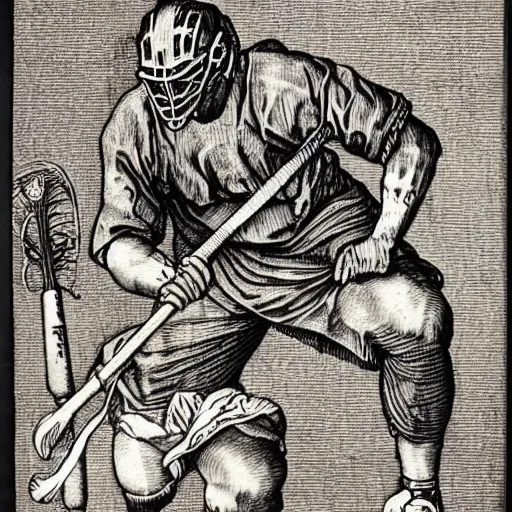 Prompt: lacrosse player, highly detailed, 8k, intricate, Albrecht Durer style