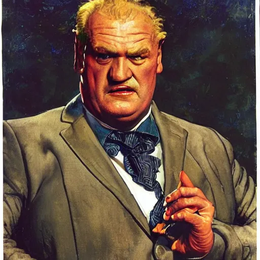 Prompt: full body portrait of actor Kenneth McMillan as baron harkonnen levitating high in the air in dystopian scifi palace, painted by norman rockwell and tom lovell and frank schoonover, dune 1982 movie