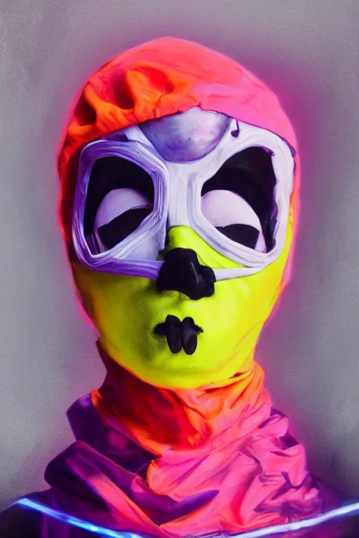 Image similar to a character wearing a diy costume, with fluo colored details, muted colors, gothic, satoshi con, hyper real painting