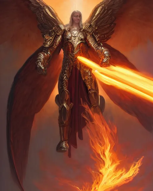 Prompt: character portrait of a huge male angel of justice, with fiery golden wings, wearing shining armor, wielding a flaming sword, by peter mohrbacher, mark brooks, jim burns, marina abramovic, wadim kashin, greg rutkowski, trending on artstation