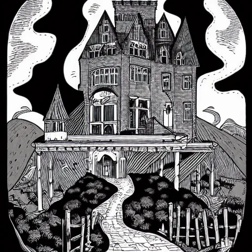 Image similar to mcbess illustration of a haunted castle in the woods, set an the end of a winding road