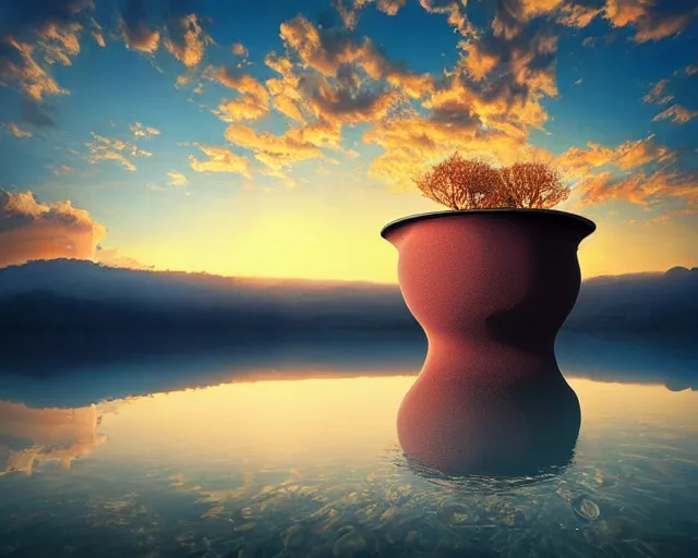 Image similar to a surreal landscape at sunset with a immense gigantic ornated iron chalice cup with a lake inside, water in excess dropping by gediminas pranckevicius