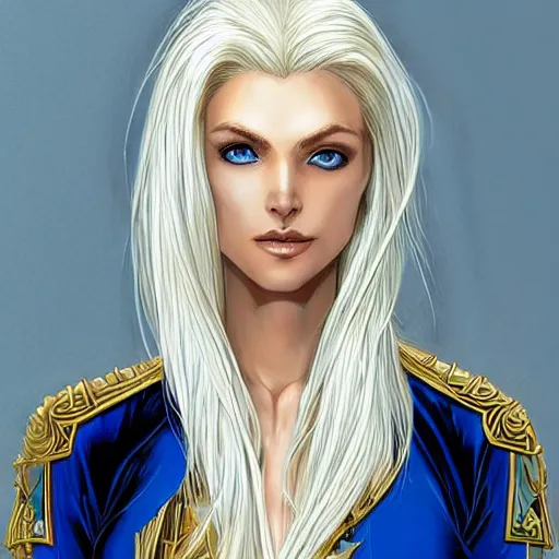 Prompt: Portrait of a tall blonde blue-eyed elf woman with white hair, wearing stylish white and gold clothes, intricate, elegant, highly detailed, smooth, sharp focus, detailed face, warm and gentle smile, graphic novel, art by stanley artgerm and Ardian Syaf and Pepe Larraz,